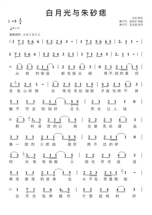 白月光与朱砂痣智能简谱歌谱-苍强曲谱