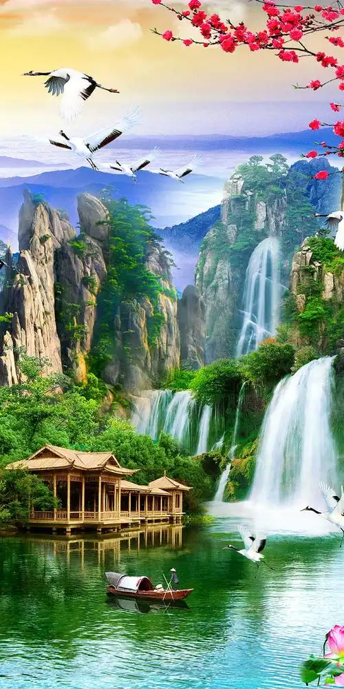 xt96155新中式山水瀑布庭院渔船仙鹤绿色风景玄关