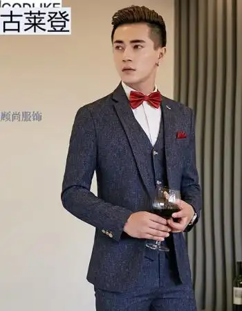 西服套装男士春秋修身三件套新郎婚礼服结婚伴郎西装男职业装正装