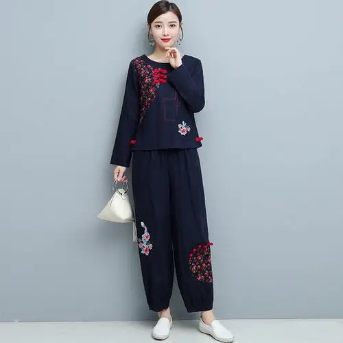 大码民族风套装棉麻女装2019秋宽松刺绣花妈妈装阔腿裤时尚两件套