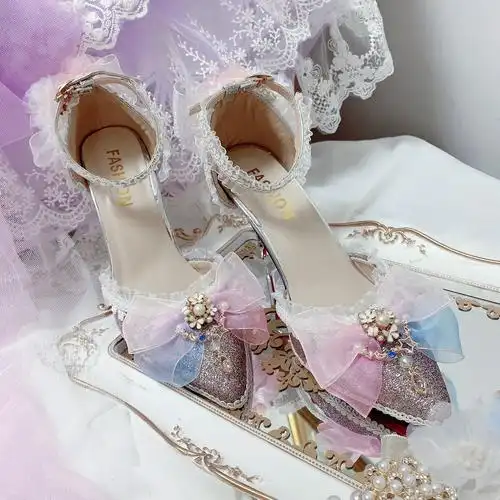 少女lolita手作蓝紫色花嫁高跟鞋蝶语九歌樱茶明月洛丽塔鞋类