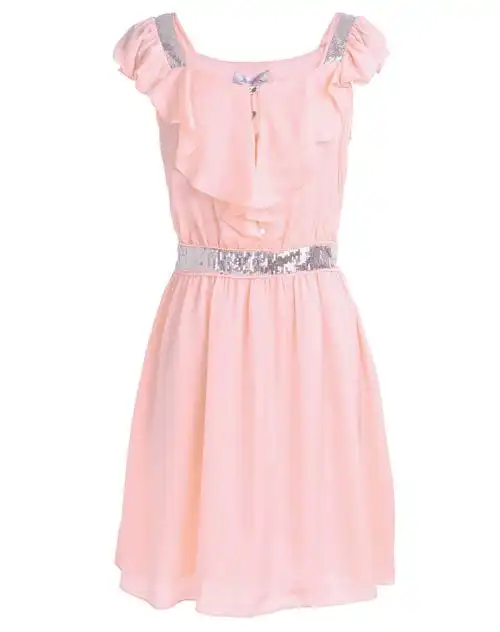 粉红色时尚亮片雪纺短袖连衣裙
