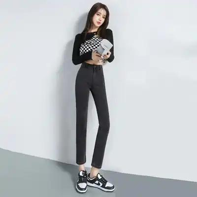 灰色直筒女年春秋加绒高腰显瘦弹力小个子九分烟管牛仔裤