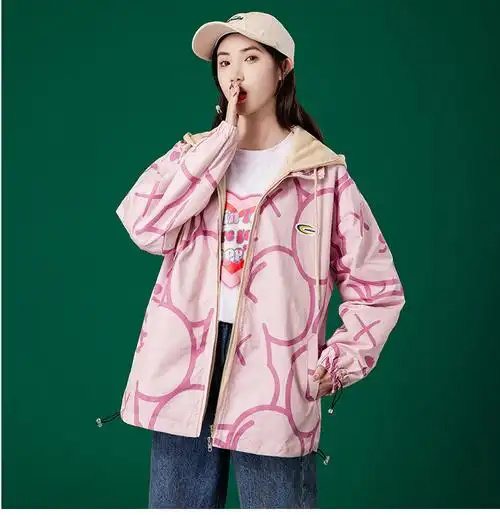 韩版学院风盐系假两件宽松港风可爱复古bf薄款夹克外套女潮粉红色s