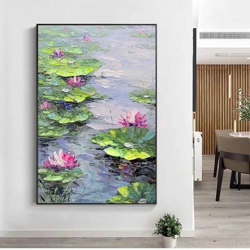 纯手绘油荷花好运连连玄关入户装饰画现代简约立体花卉过道走廊挂