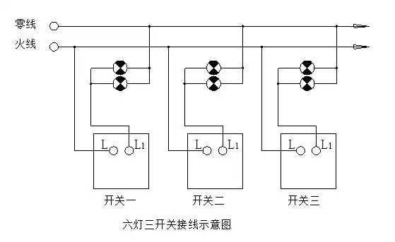 一根主线上6个灯,分三个开关,一个开关控制二个灯,该怎么排线,求解答