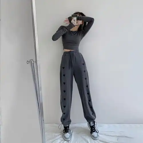 430秋冬辣妹风绣花爱心运动裤女抽绳束脚高腰宽松休闲直筒卫裤 - 17网