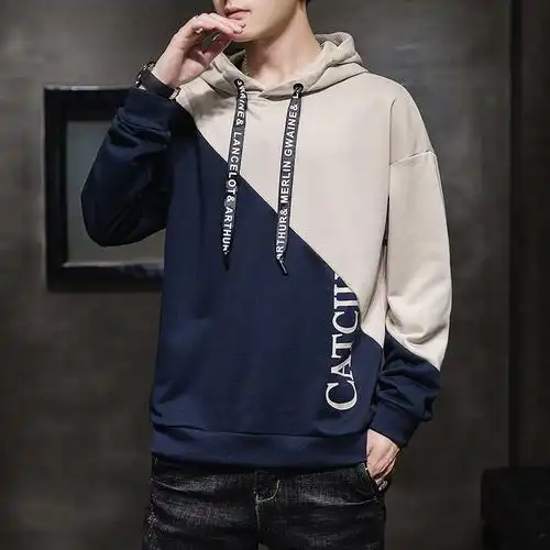 休闲连帽卫衣男春款宽松套头男士卫衣时尚休闲百搭长袖拼色男装视频