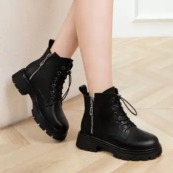 古奇天伦马丁靴女牛皮英伦风短靴圆头方跟女靴子加绒保暖时尚潮流英伦