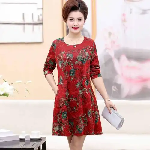 红色长袖连衣裙 秋冬款_中老年女装春秋长袖连衣裙40-50岁胖妈妈装