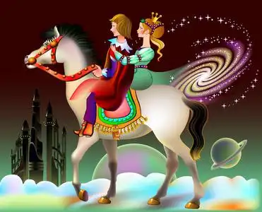 王子和公主骑马在奇妙的未来环境中的插图. 儿童童话书封面.