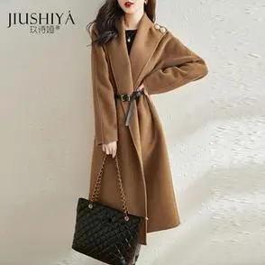 卡其双面羊毛大衣女秋冬高端中长款潮流腰带宽松羊毛呢子外套品牌