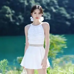 连体泳衣女2023新款韩版温泉泳衣女裙式遮肚显瘦平角保守游泳衣女
