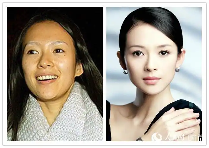 章子怡本身五官精致,巴掌小脸素颜看起来五官比例也是很美,可惜脸上