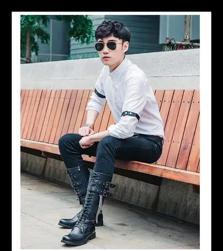 春季高筒朋克男士皮靴厚底时尚舞台演出靴潮流马丁靴长筒男靴子