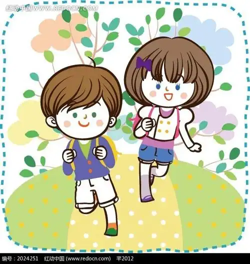 儿童卡通插画——背着书包开心奔跑的小女孩和小男孩
