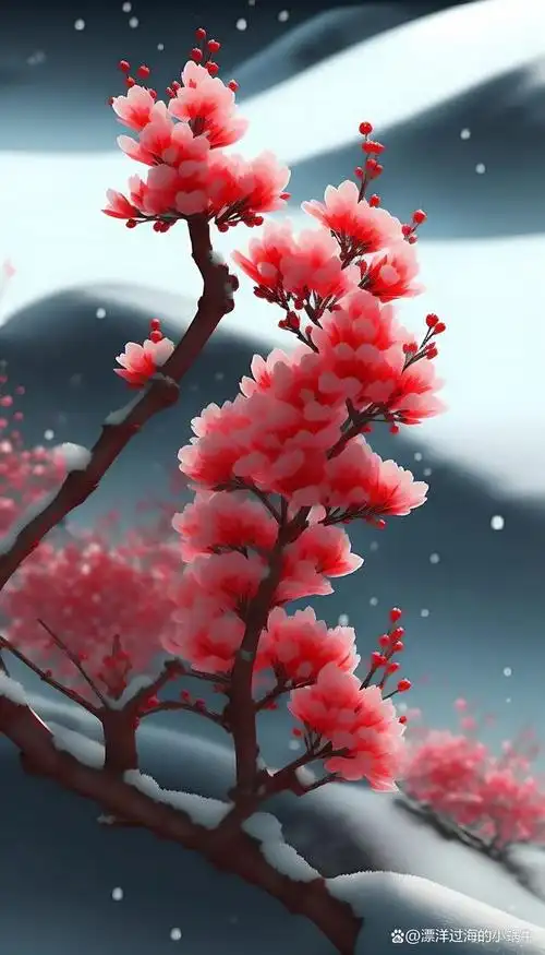 千里冰封,万里雪飘,含花待放,雪中的红梅花高级感壁纸