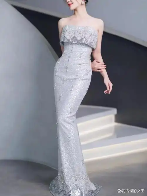 浅灰色主持人抹胸星空晚礼服模特走秀鱼尾敬酒服18岁成年礼服