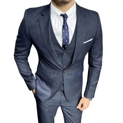 辉先生男士西装三件套条纹修身西服套装职业商务正装新郎结婚礼服