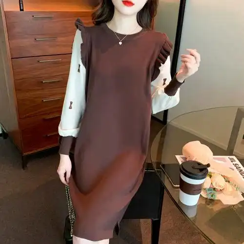 蝴蝶结针织衫连衣裙假两件毛衣裙子打底裙女2021秋冬新款