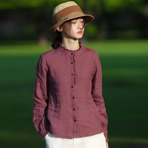 复古长袖简约棉麻上衣女衬衫2022春夏新款宽松百搭休闲立领打底衫