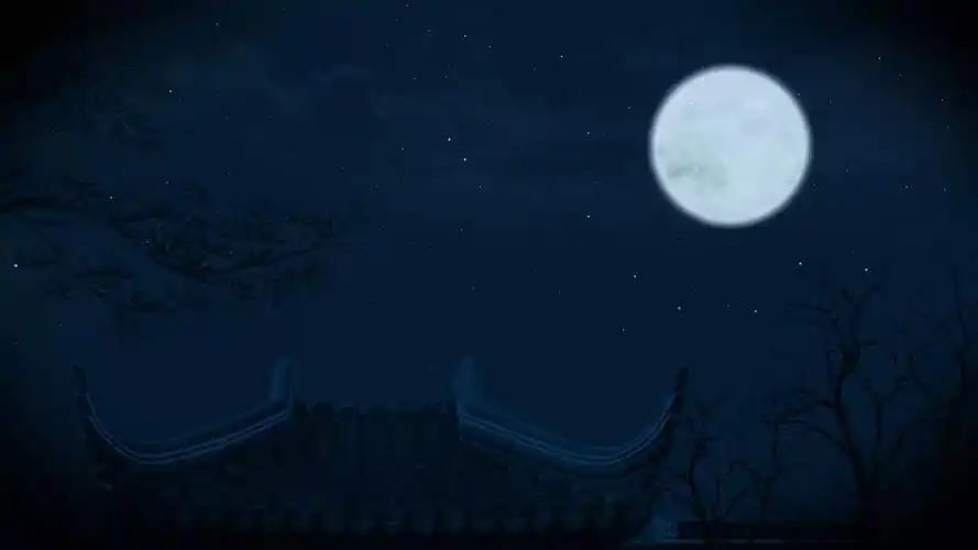 4k唯美神秘夜晚蓝色粒子冲屏月亮树梢背景mp4