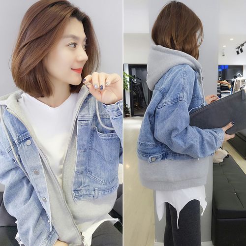 韩版浅蓝色牛仔连帽短外套两件加厚上衣女春秋季短外套