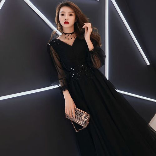 rvjp 艺考礼服音乐生 宴会晚礼服女黑色长款2022新款时尚优雅简单大方