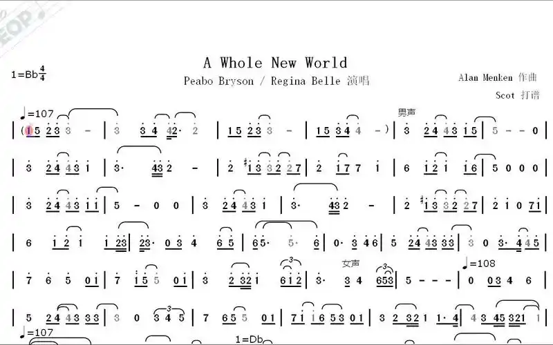 《阿拉丁》电影主题曲--a whole new world--动态简谱(完整版)