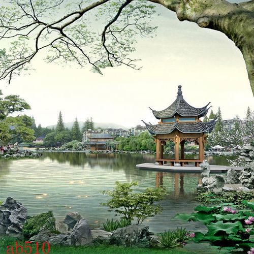 风景画自然风光直播背景布3d背景布户外农村背景图布抖音快手荷花