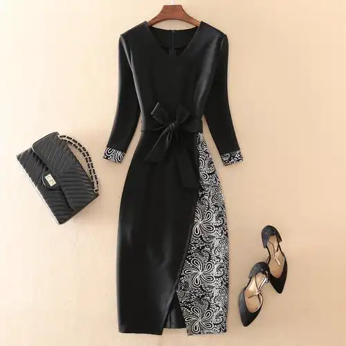 特价中袖礼服女_秋新款欧美时尚高端女装礼服裙子中长款ol修身气质中