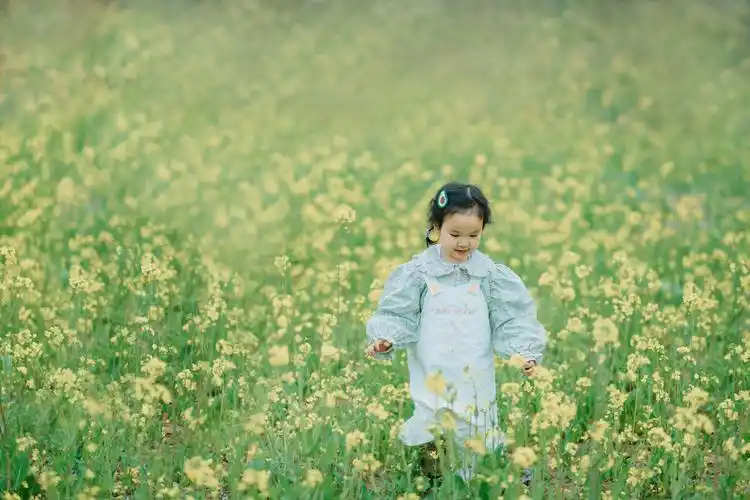 油菜花开跑向春天的小女孩