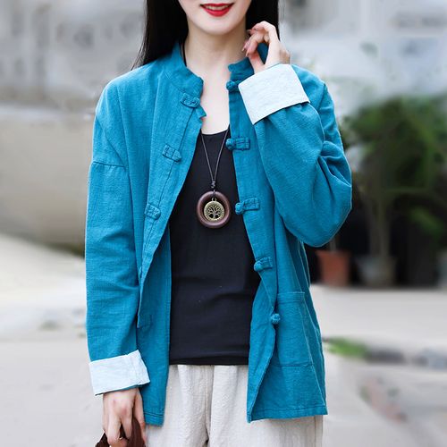 韩索依秋冬复古新款开衫棉麻中国风女上衣宽松纯色盘扣休闲外套