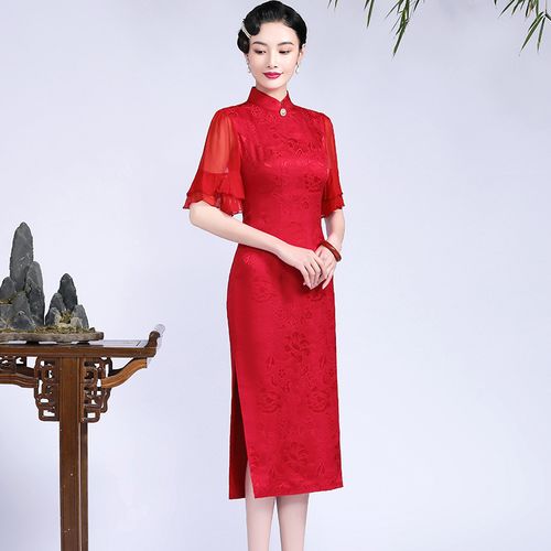 钱塘佳人红绣桑蚕蚕丝旗袍2021年新款时尚气质高端旗袍