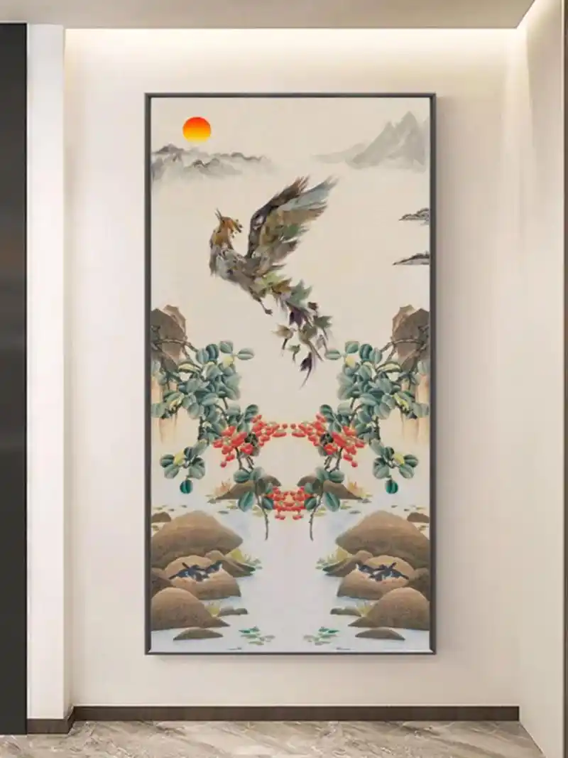 百鸟朝凤图玄关客厅凤凰逐日装饰画新中式别墅楼梯间挂画#全屋配 - 抖