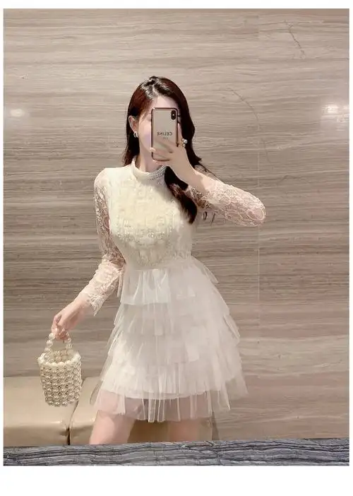 新款重工钉珠纯欲风蕾丝连衣裙镂空网纱打底裙 - 17网