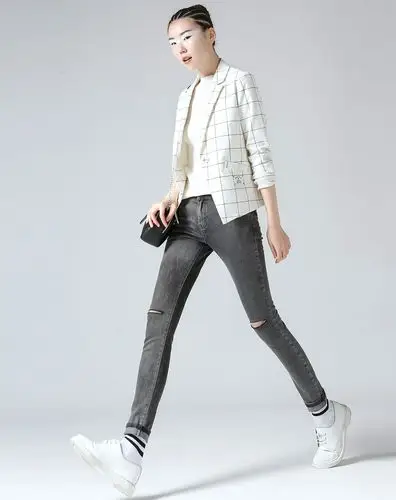 破洞洗水修身净色牛仔裤黑灰