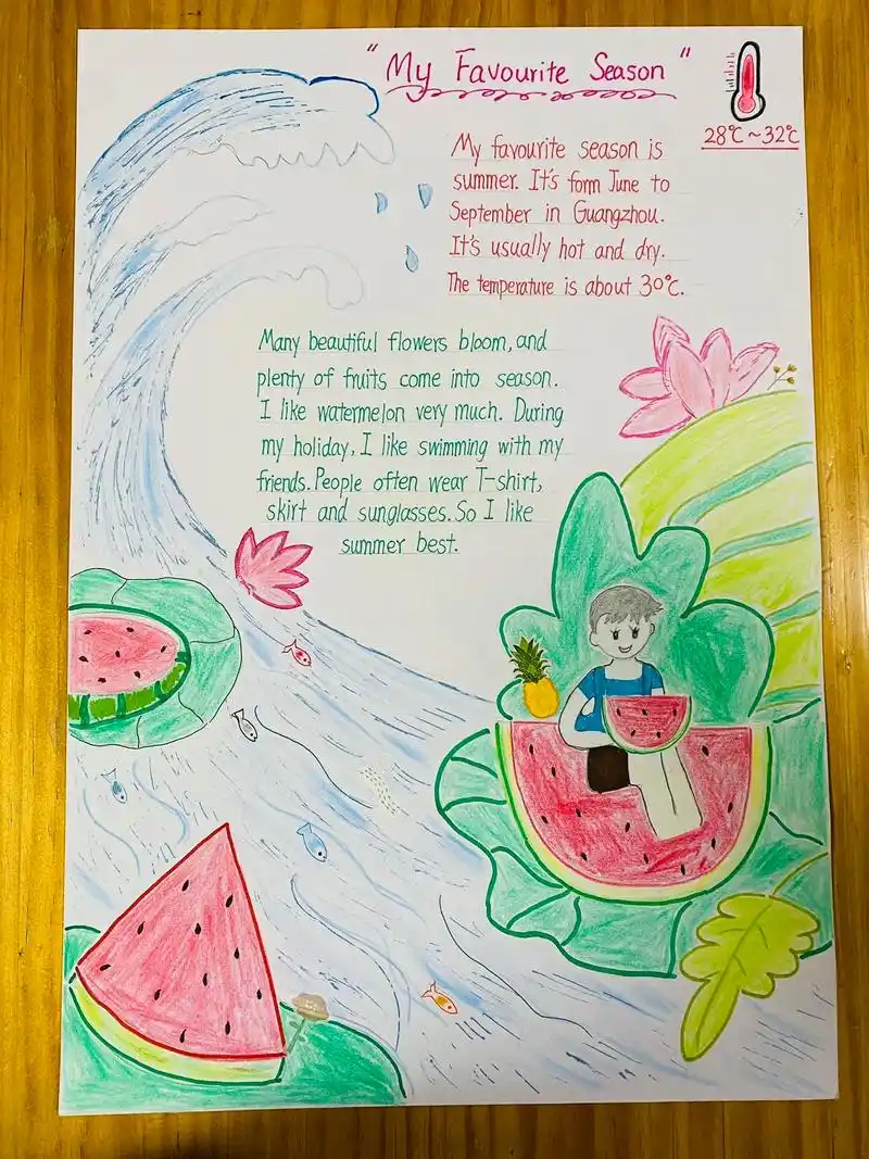 这是天哥最喜欢的季节,夏天来啦～用英语写出你最喜欢的季节并画 - 抖