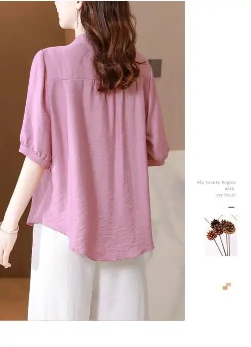 时尚绣花短袖棉麻上衣女夏季新款宽松显瘦小衫遮肚子妈妈棉麻衬衫