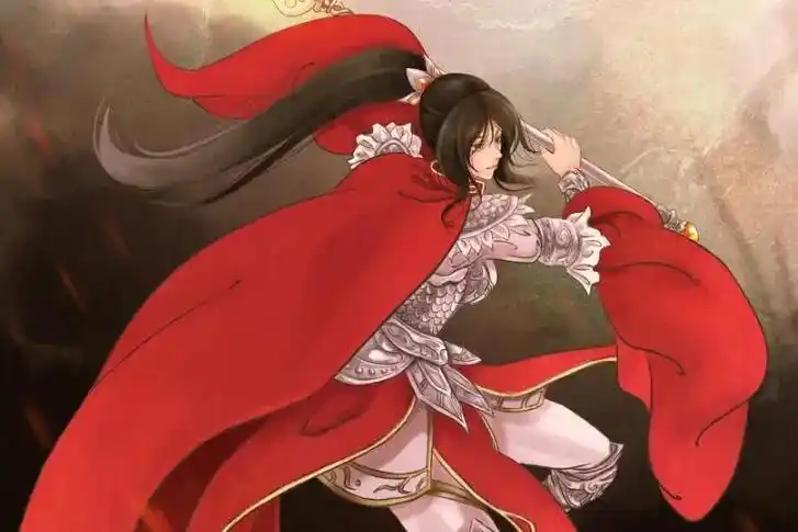 红衣女将,英姿飒爽,妩媚动人,她那纯黑的头发和纯黑的眼睛似乎别有