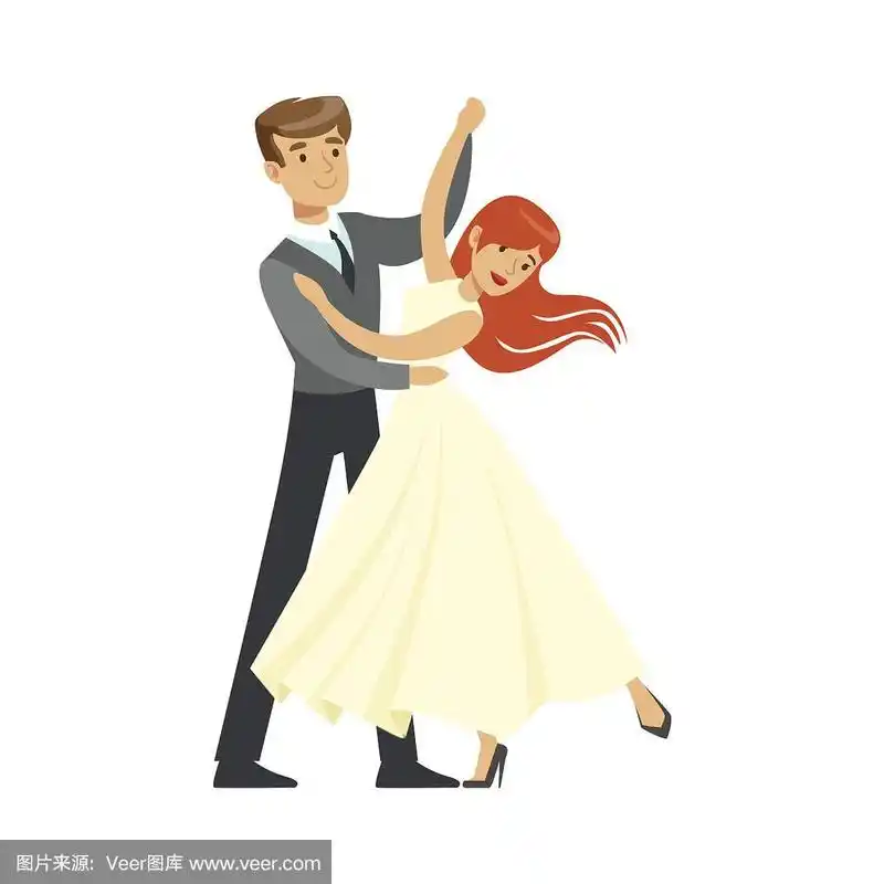 年轻夫妇跳华尔兹彩色字符矢量插图