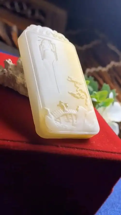 蜜蜡色方牌.望庐山瀑布.意境山水之间