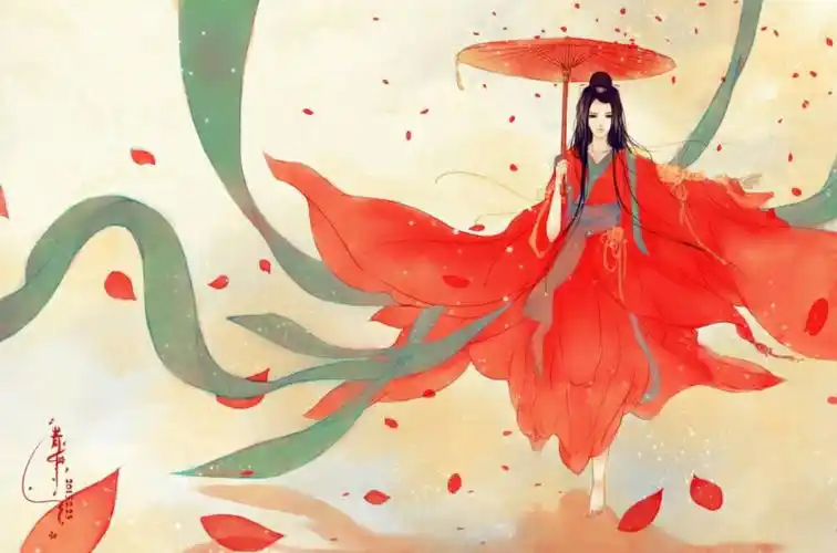 漫图 古风 女 红衣 红伞
