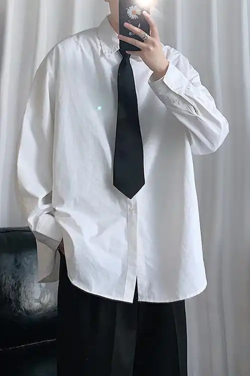 纯色白衬衫男士韩版送领带宽松版型长袖衬衣男春季新款潮流男生