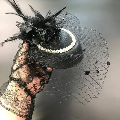 屿汐小礼帽小礼帽女头饰名媛旗袍民国珍珠帽子配饰面纱晚礼服发饰复古