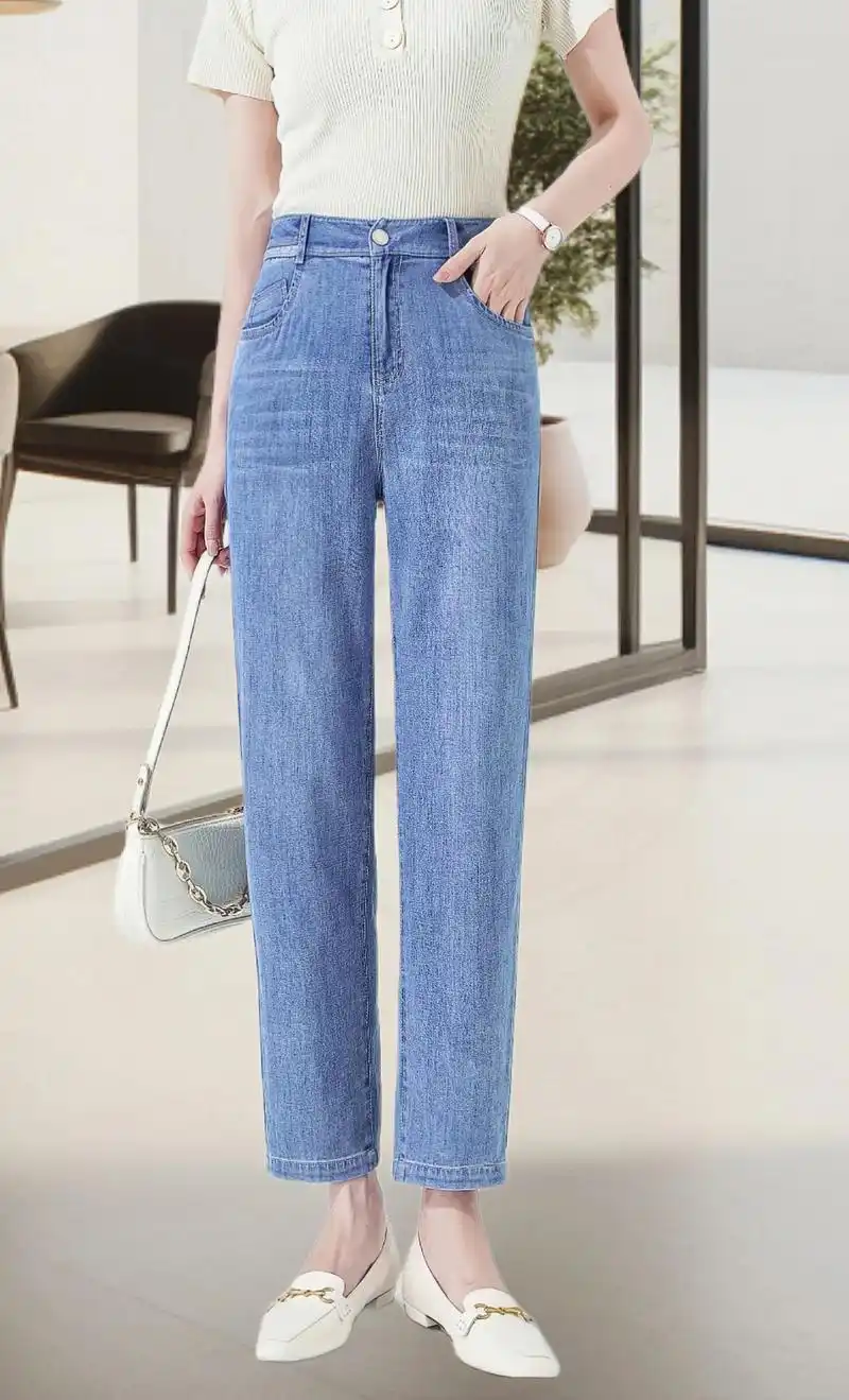 天丝牛仔裤女夏季薄款宽松裤子冰丝九分裤显瘦哈伦裤2024新款女裤