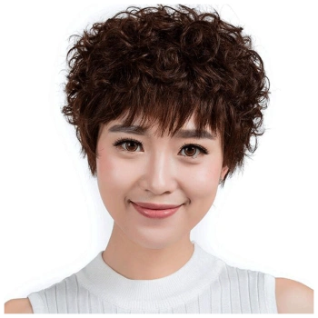 天使丝丝烫发假发女短发纹理短卷发蓬松中老年妈妈小卷酒红色普通旋