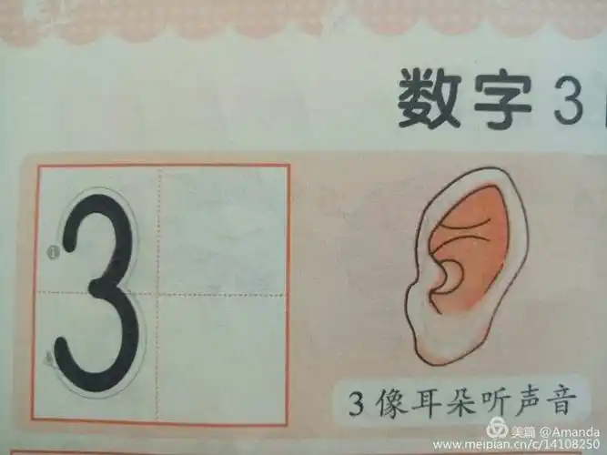 认识:3像耳朵听声音 2.读儿歌: 3像耳朵两道弯, 是非清白要听好.
