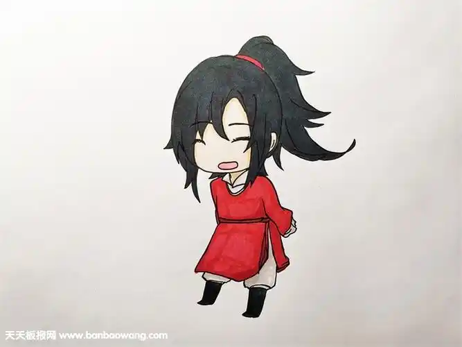 6,给裤子填充浅灰色,鞋子涂上黑色,这样花城q版简笔画就绘画完成啦!