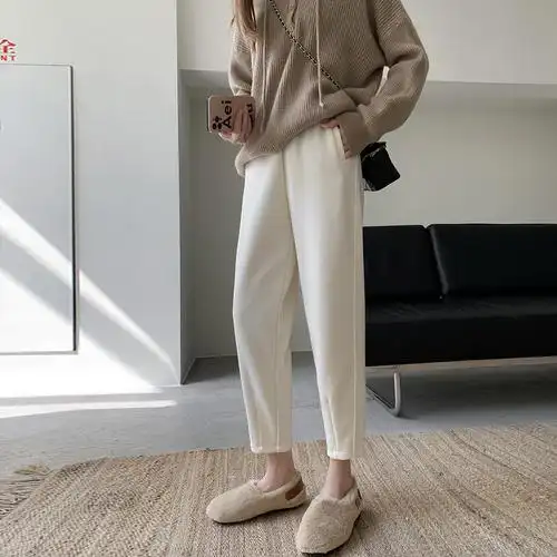 冬季哈伦萝卜裤女2022新款加绒奶奶裤小个子裤子女秋冬米色休闲裤